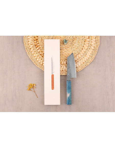 Handgjord japanskko-bunka -kniv, 13 cm, Hado Shiosai VG10, blått handtag