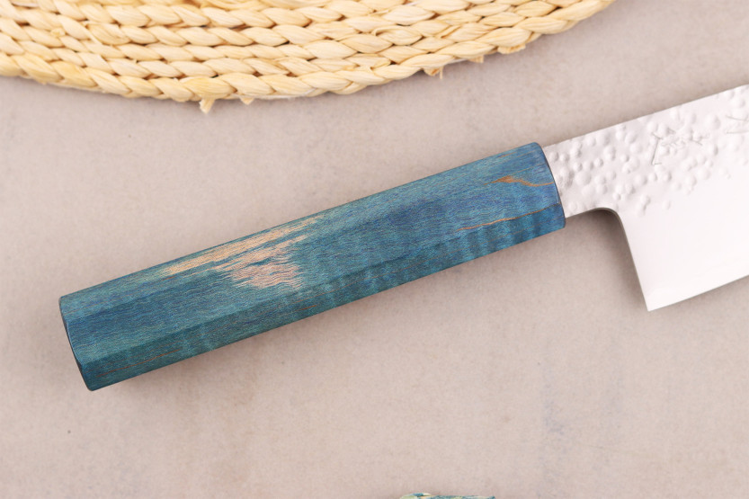 Håndlavet japanskKo-Bunka -kniv, 13 cm, Hado Shiosai VG10, med blåt skaft