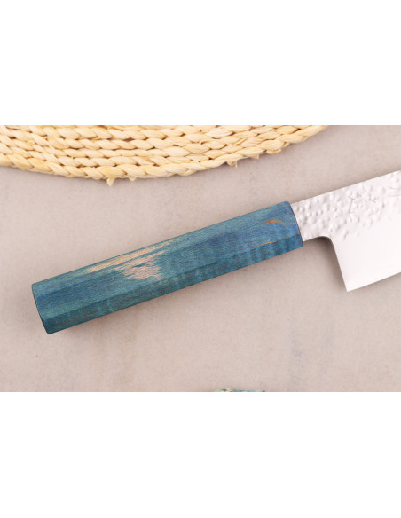 Faca japonesa artesanalKo-Bunka de 13 cm, da marca Hado Shiosai, em aço VG10, com cabo azul