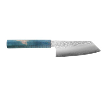 Cuchillo japonés artesanalKo-Bunka de 13 cm, Hado Shiosai VG10, con mango azul
