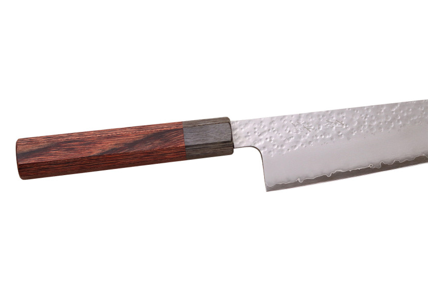 Coltello kiritsuke giapponese artigianale Hado Shiosai da 20 cm, lama in acciaio VG10, manico in legno di pakka