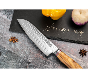 Wusaki Damascus santoku veitsi 10Cr Granton terällä 18cm oliivipuu kahva 2