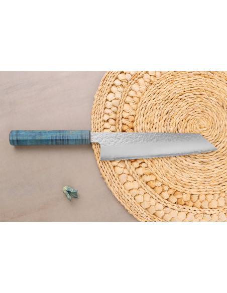 Cuchillo japonés artesanal kiritsuke de 20 cm, Hado Shiosai VG10, con mango azul