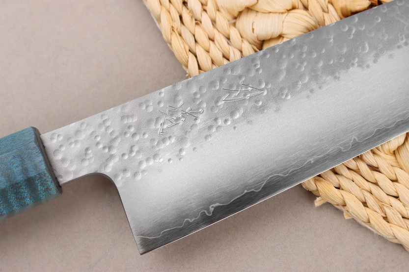 Håndlaget japansk kiritsuke-kniv, 20 cm, Hado Shiosai VG10, blått håndtak