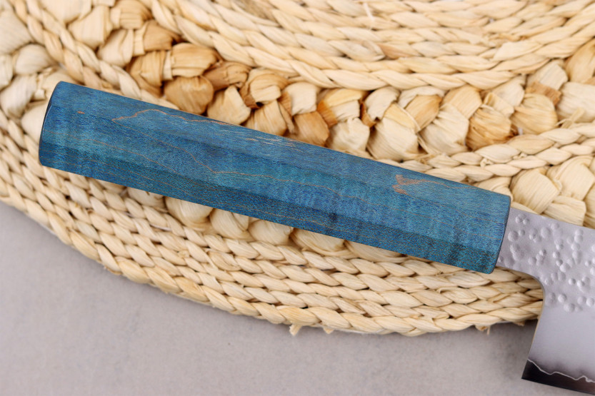 Håndlaget japansk kiritsuke-kniv, 20 cm, Hado Shiosai VG10, blått håndtak