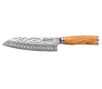 Wusaki Damaskus santokukniv 10Cr med granton egg 18cm olivträhandtag