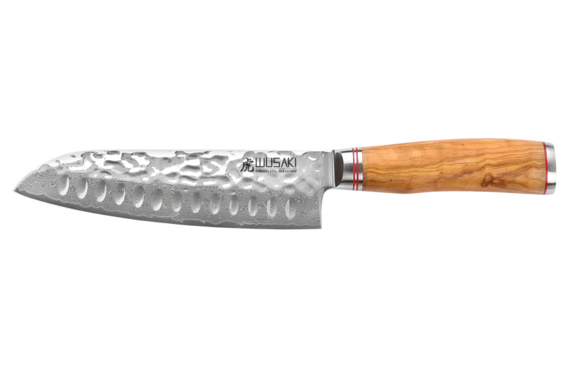 Wusaki Damascus santoku mes 10Cr met granton snede 18cm olijfhouten handvat