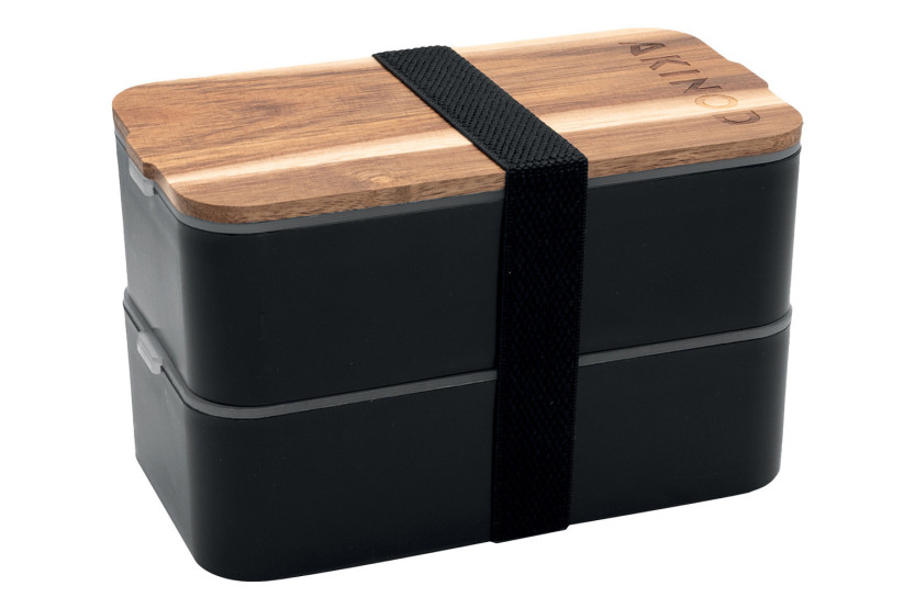 Bento Akinod 11:46 nero con coperchio in legno di acacia, 1,4 L