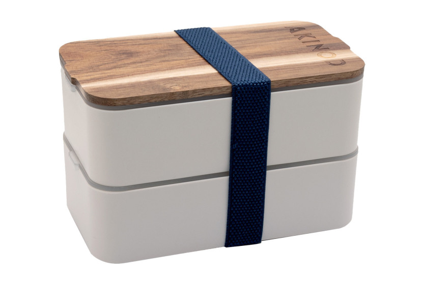 Bento Akinod 11:46 bianco con coperchio in legno di acacia, 1,4 L
