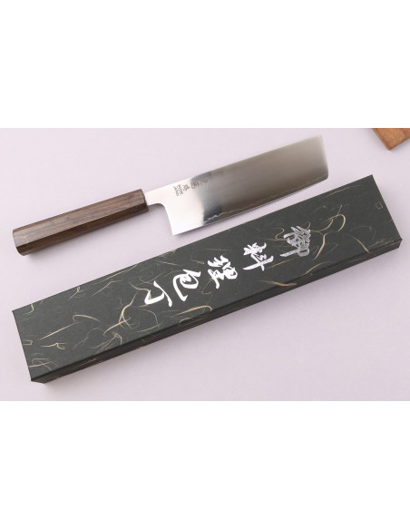 Håndlaget japansk nakiri-kniv på 16 cm fra Wusaki Hikari SLD med bubinga-skaft