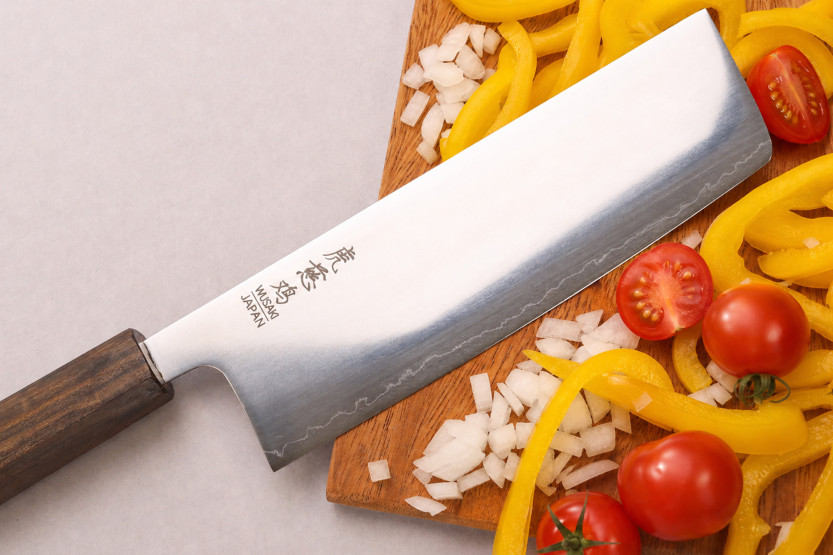 Handgefertigtes japanisches Nakiri-Messer (16 cm) von Wusaki Hikari SLD mit Bubinga-Griff