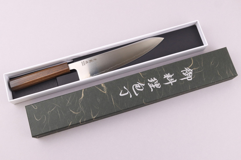 Faca gyuto japonesa artesanal Wusaki Hikari SLD de 21 cm com cabo em bubinga