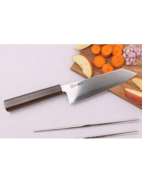 Cuchillo santoku kiritsuke japonés artesanal Wusaki Hikari SLD de 17,5 cm con mango de bubinga