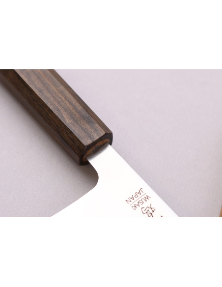 Cuchillo santoku kiritsuke japonés artesanal Wusaki Hikari SLD de 17,5 cm con mango de bubinga