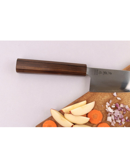 Coltello santoku kiritsuke giapponese artigianale Wusaki Hikari SLD da 17,5 cm con manico in bubinga