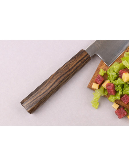 Coltello santoku giapponese artigianale Wusaki Hikari SLD da 17 cm con manico in bubinga