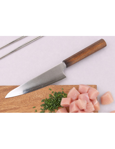 Håndlavet japansk ko-santoku-kniv, 15 cm, Wusaki Hikari SLD, med bubinga-skaft