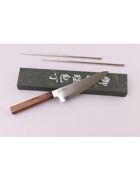 Håndlavet japansk ko-santoku-kniv, 15 cm, Wusaki Hikari SLD, med bubinga-skaft