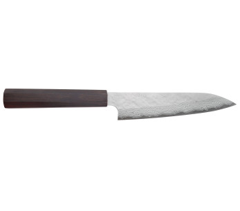 Faca universal japonesa artesanal de 15 cm da Nigara Hamono, com acabamento Tsuchime e lâmina em aço damasco VG10