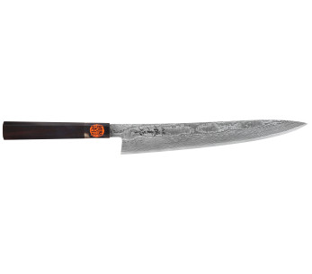 Handgjord japansk sujihiki -kniv, 27 cm, av Shigeki Tanaka, SG2 Kurozome, damaskstål i ebenholts