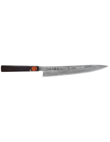 Handgefertigtes japanisches Sujihiki -Messer, 27 cm, von Shigeki Tanaka, SG2, Kurozome, Damaszener-Stahl in Ebenholzoptik