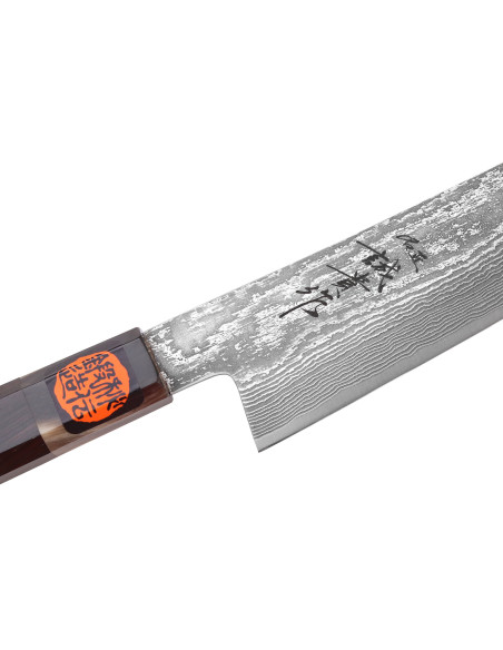 Handgjord japansk sujihiki -kniv, 27 cm, av Shigeki Tanaka, SG2 Kurozome, damaskstål i ebenholts