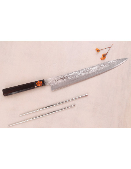 27-cm Handcrafted Japanese Sujihiki Knife by Shigeki Tanaka, SG2 Kurozome Damascus Ebony