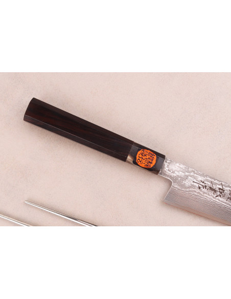 Handgemaakt Japans sujihiki -mes van 27 cm, Shigeki Tanaka, SG2, Kurozome, Damascus-staal, ebbenhout