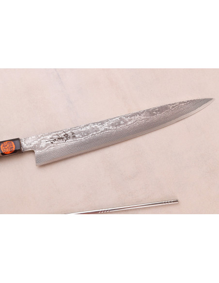 Cuchillo sujihiki japonés artesanal de 27 cm de Shigeki Tanaka, SG2, Kurozome, damasco de ébano