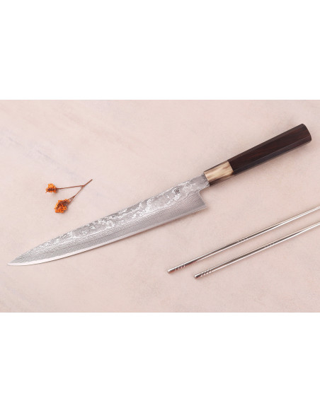 Handgjord japansk sujihiki -kniv, 27 cm, av Shigeki Tanaka, SG2 Kurozome, damaskstål i ebenholts