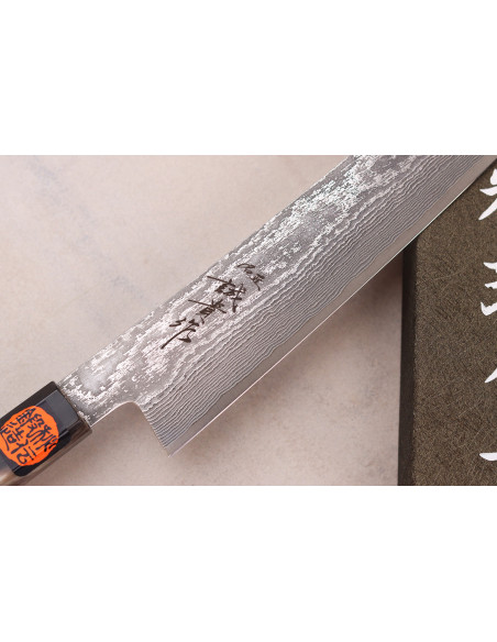 Handgjord japansk sujihiki -kniv, 27 cm, av Shigeki Tanaka, SG2 Kurozome, damaskstål i ebenholts