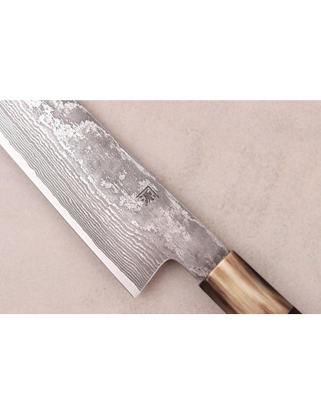 Håndlavet japansk sujihiki -kniv, 27 cm, af Shigeki Tanaka, SG2 Kurozome Damask-stål i ibenholt