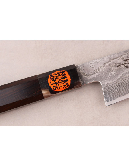 Handgjord japansk sujihiki -kniv, 27 cm, av Shigeki Tanaka, SG2, Kurozome, damaskstål i ebenholts