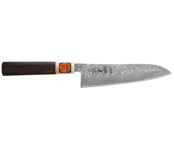 Cuchillo gyuto japonés artesanal de 18 cm de Tanaka Shigeki, SG2, Kurozome, damasco de ébano