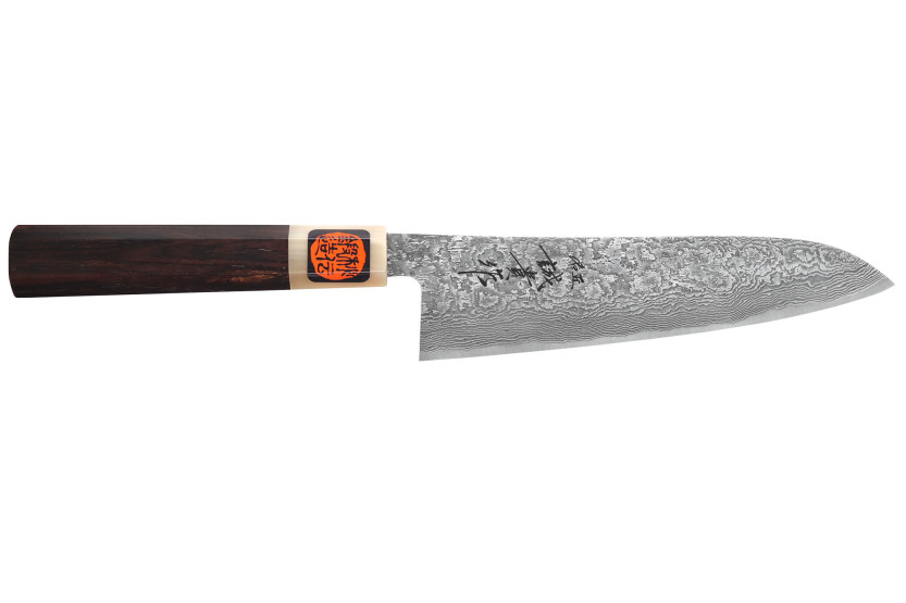 Håndlaget japansk gyuto-kniv, 18 cm, av Tanaka Shigeki, SG2 Kurozome Damas, ibenholt