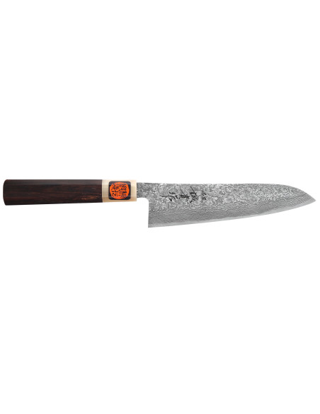18 cm Handcrafted Japanese Gyuto Knife by Tanaka Shigeki, SG2 Kurozome Ebony Damascus