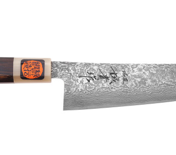 Handgjord japansk gyuto -kniv, 18 cm, av Tanaka Shigeki, SG2 Kurozome, damaskstål i ebenholts 2