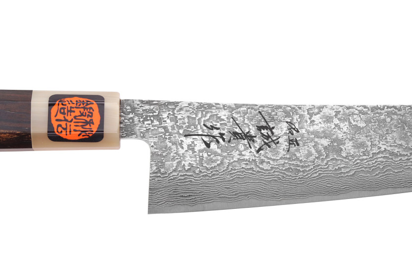 Håndlaget japansk gyuto-kniv, 18 cm, av Tanaka Shigeki, SG2 Kurozome Damas, ibenholt