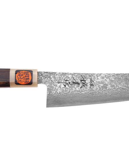 Handgjord japansk gyuto -kniv, 18 cm, av Tanaka Shigeki, SG2 Kurozome, damaskstål i ebenholts