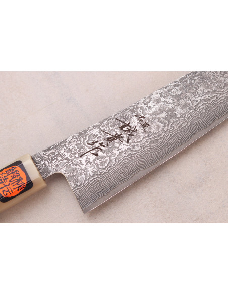 Håndlaget japansk gyuto-kniv, 18 cm, av Tanaka Shigeki, SG2 Kurozome Damas, ibenholt