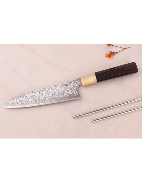 18 cm Handcrafted Japanese Gyuto Knife by Tanaka Shigeki, SG2 Kurozome Ebony Damascus