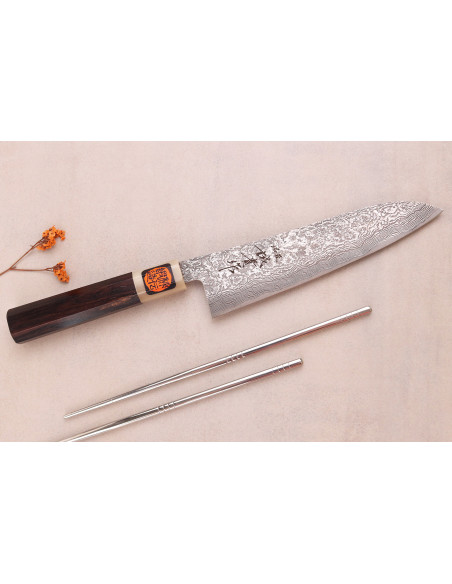 18 cm Handcrafted Japanese Gyuto Knife by Tanaka Shigeki, SG2 Kurozome Ebony Damascus