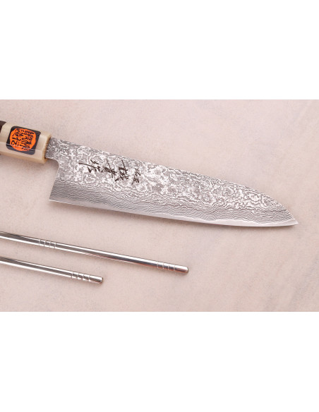 Coltello gyuto giapponese artigianale Tanaka Shigeki da 18 cm, in acciaio SG2, finitura Kurozome, lama damascata color ebano