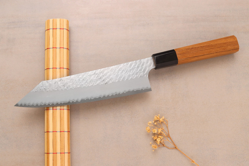 20 cm Handcrafted Japanese Kiritsuke Chef's Knife by Nigara Hamono, Migaki Tsuchime, SG2, Teak Handle