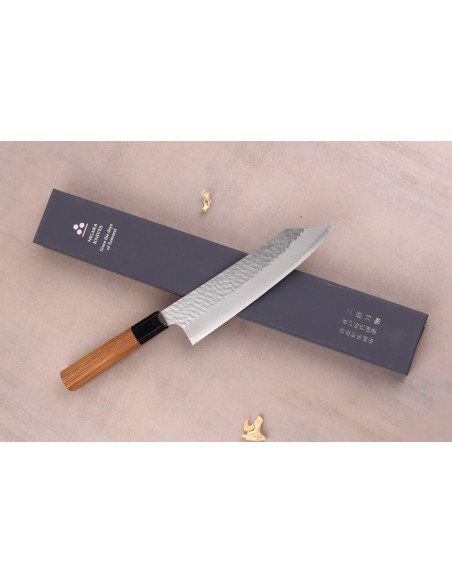 20 cm Handcrafted Japanese Kiritsuke Chef's Knife by Nigara Hamono, Migaki Tsuchime, SG2, Teak Handle