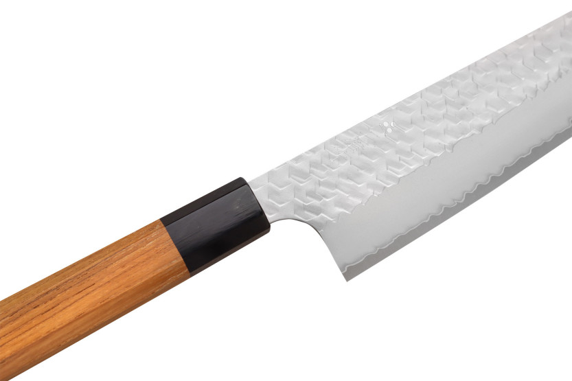 Handgjord japansk kiritsuke -kock kniv, 20 cm, från Nigara Hamono, Migaki Tsuchime, SG2, teak
