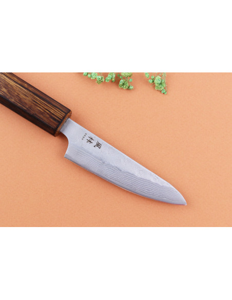 Coltello da cucina giapponese artigianale Yuzo Enju Damas 440C da 8 cm