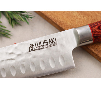 santoku mes Wusaki Pakka X50 met granton lemmet 17cm manche pakkawood 2