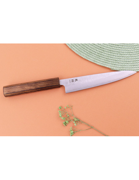 Handgefertigtes japanisches Universalmesser 15 cm von Yuzo Enju, Damaszener-Stahl 440C