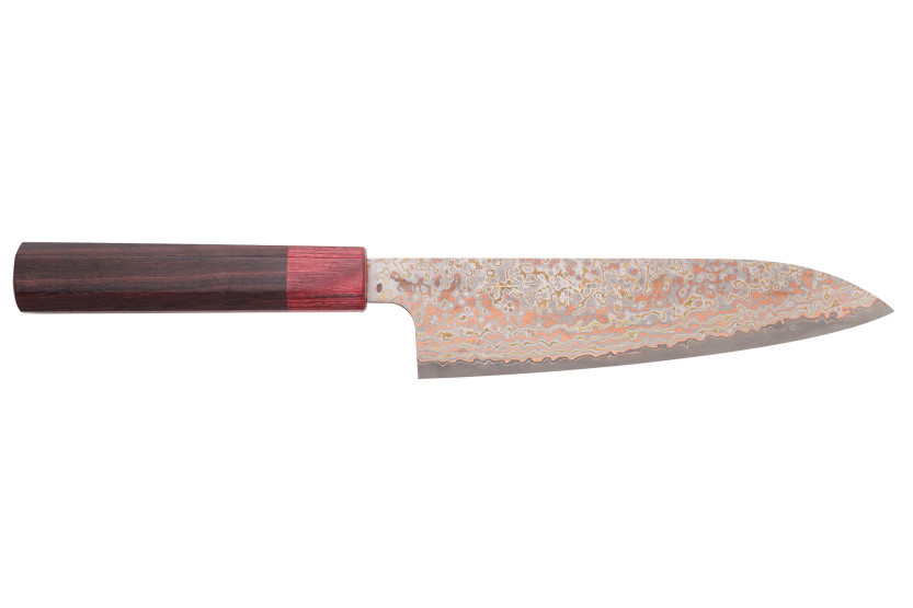 Faca de chef japonesa artesanal de 18 cm, Takeshi Saji VG10 Rainbow Nashiji